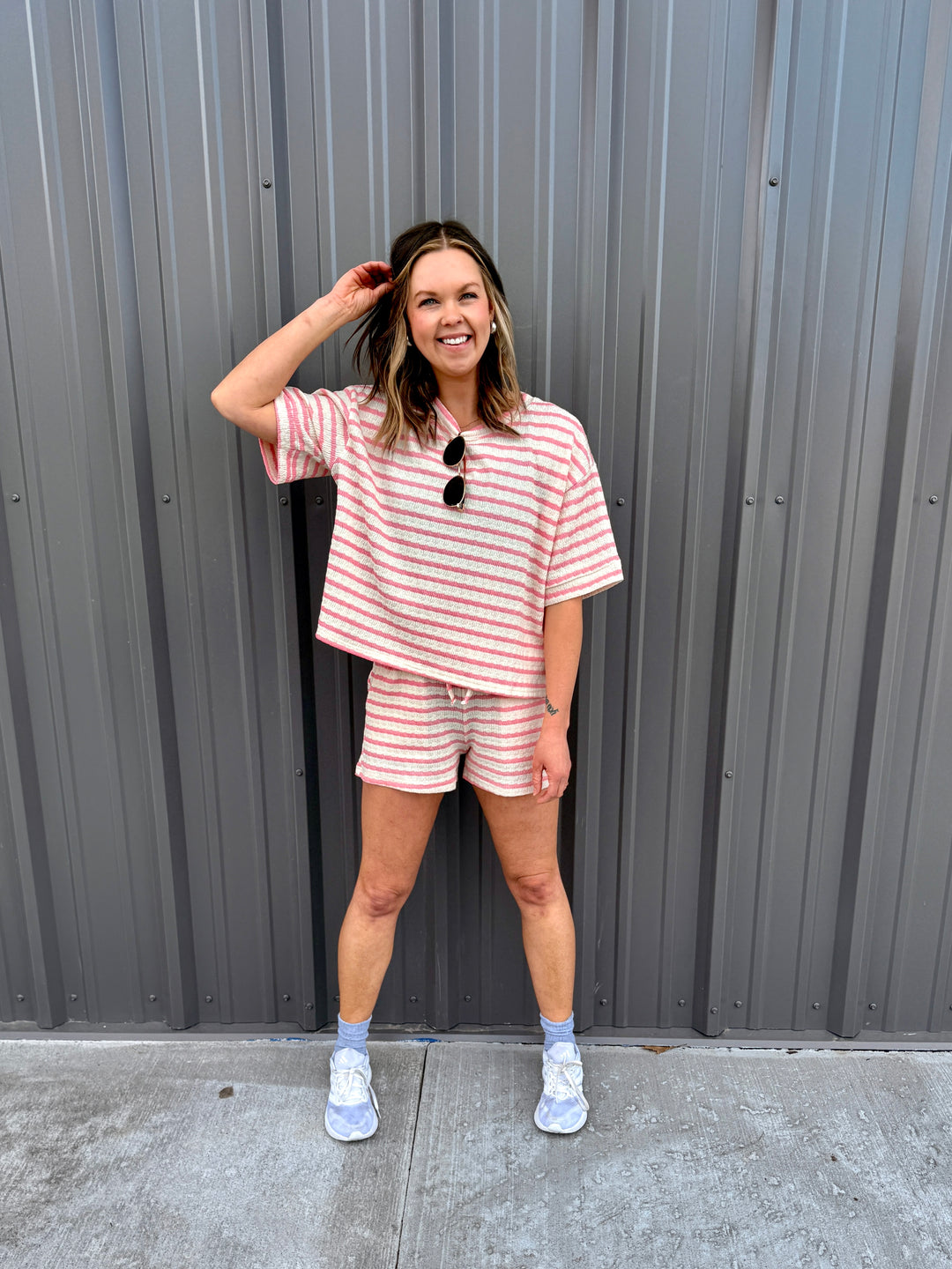 Striped Short Sleeve Tee &amp; Shorts Set -Pink