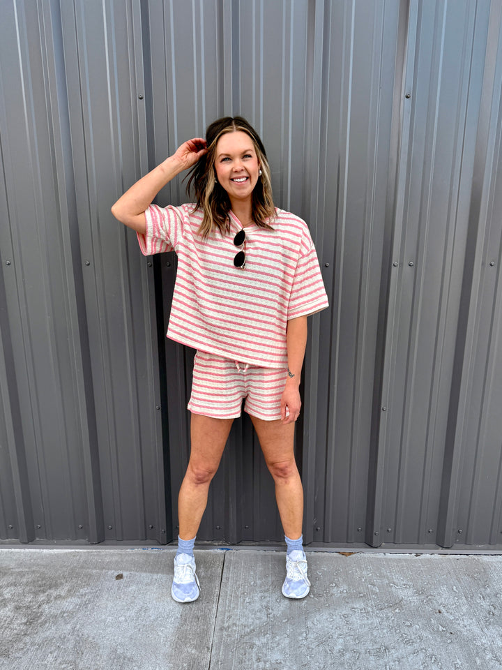 Striped Short Sleeve Tee &amp; Shorts Set -Pink