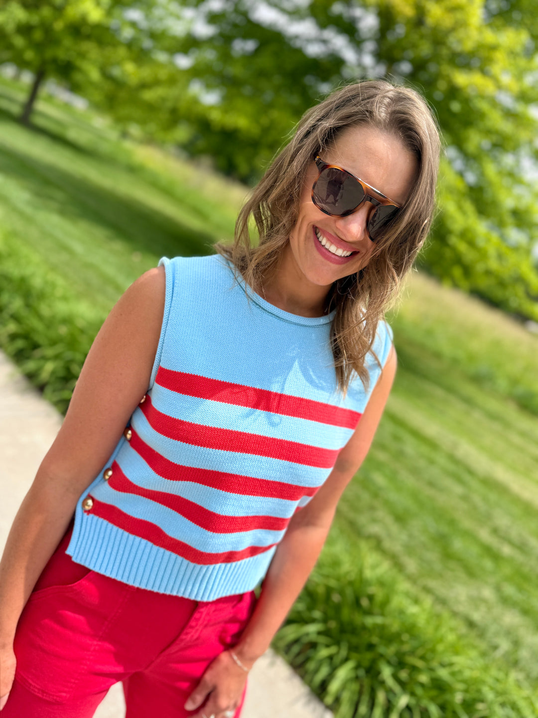 Side Button Striped Knit Vest