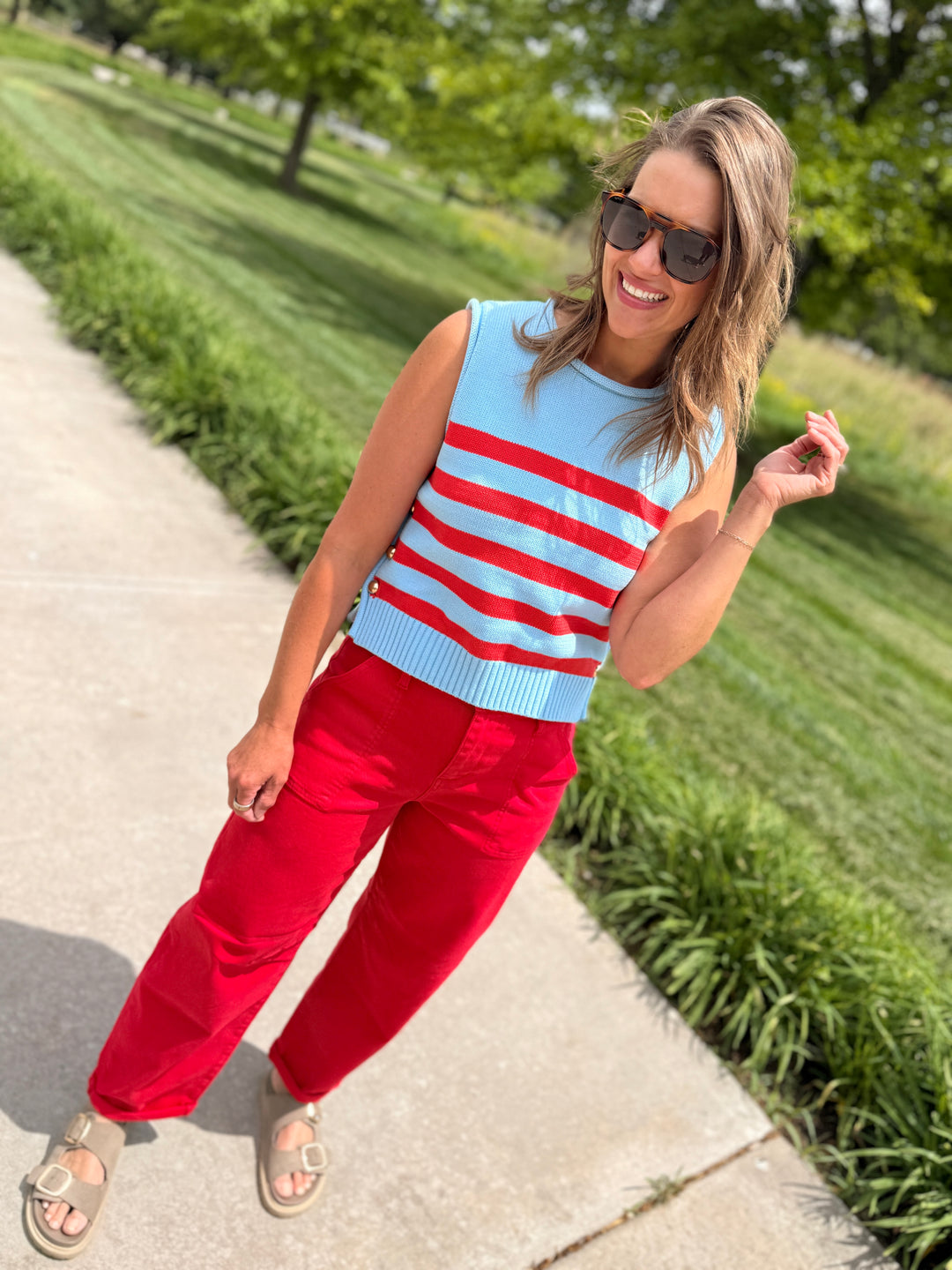 Side Button Striped Knit Vest