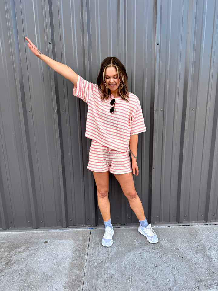 Striped Short Sleeve Tee &amp; Shorts Set -Pink