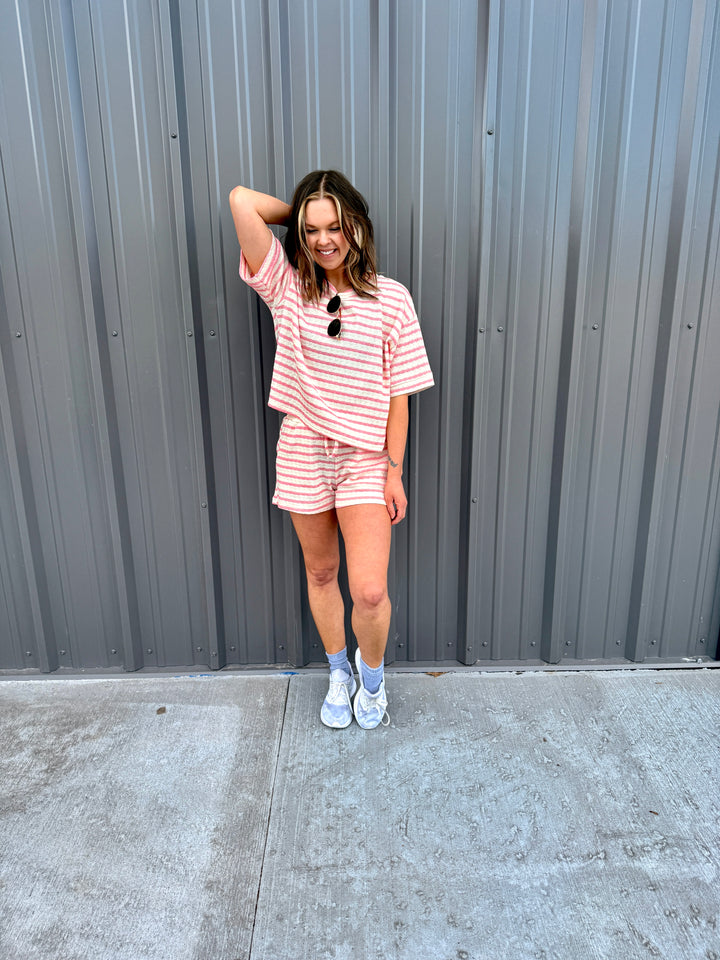 Striped Short Sleeve Tee &amp; Shorts Set -Pink