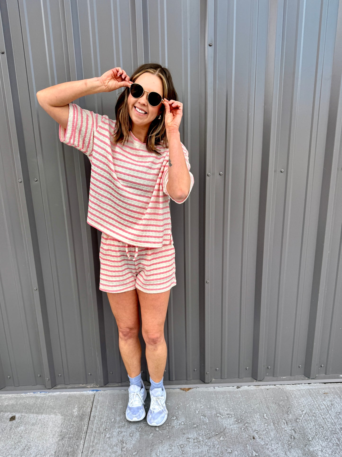 Striped Short Sleeve Tee & Shorts Set -Pink