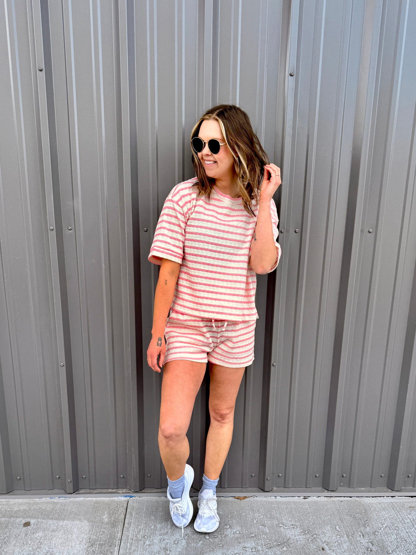 Striped Short Sleeve Tee & Shorts Set -Pink