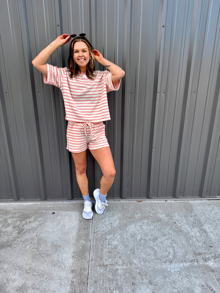 Striped Short Sleeve Tee &amp; Shorts Set -Pink