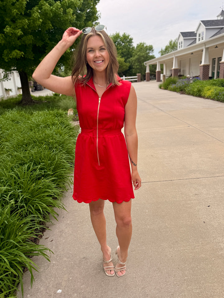 Red Scallop Trim Half-Zip Mini Dress