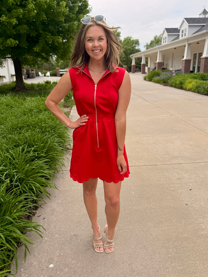 Red Scallop Trim Half-Zip Mini Dress