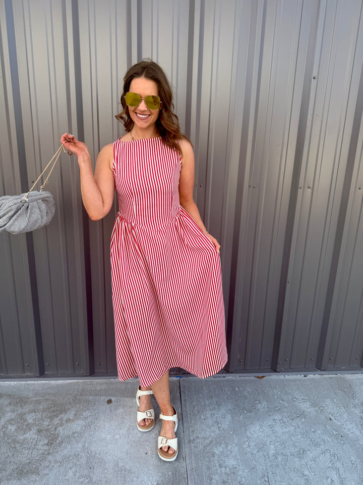 Coastal Classic Stripe Maxi Dress - Red
