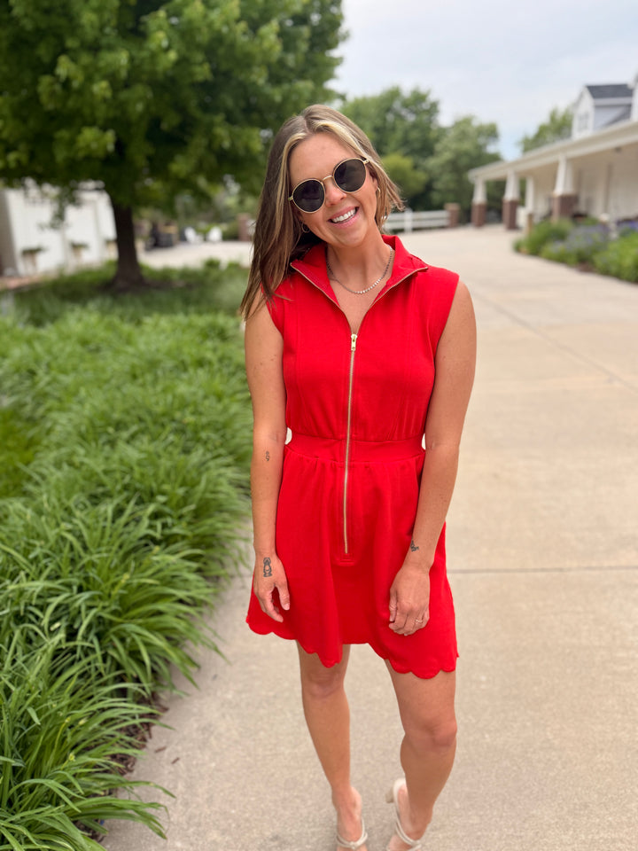 Red Scallop Trim Half-Zip Mini Dress
