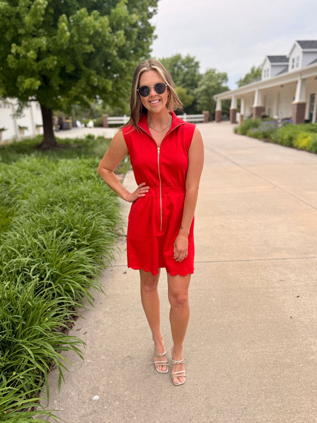 Red Scallop Trim Half-Zip Mini Dress