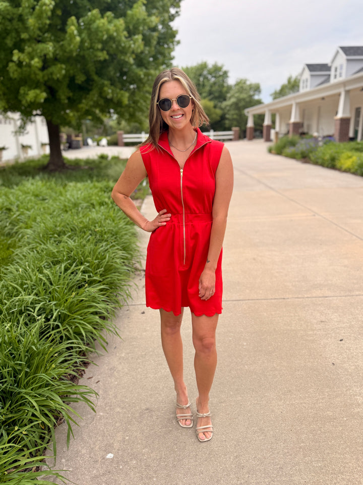 Red Scallop Trim Half-Zip Mini Dress