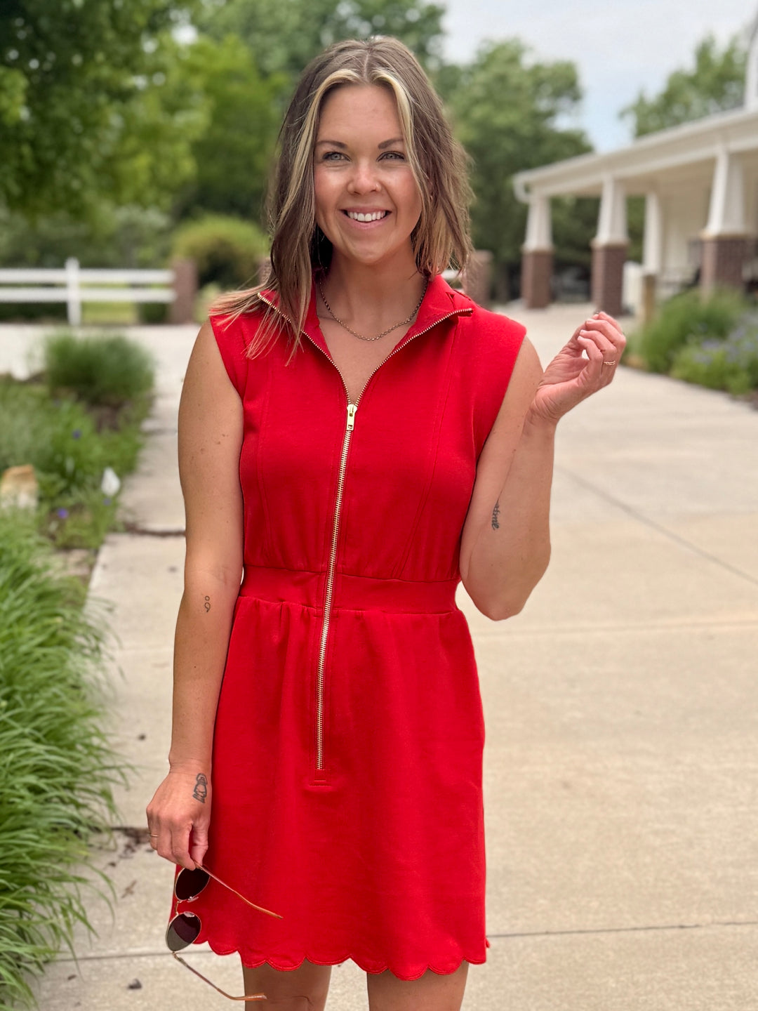 Red Scallop Trim Half-Zip Mini Dress