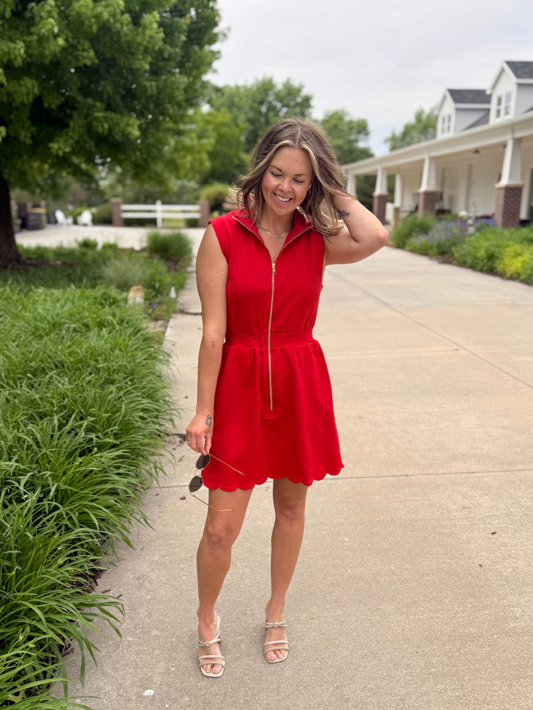 Red Scallop Trim Half-Zip Mini Dress