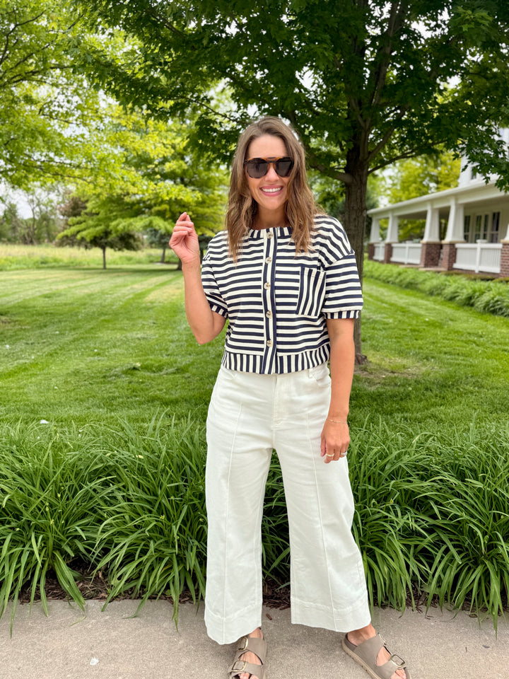 The Nora Striped Button-Down Knit Top - Blue