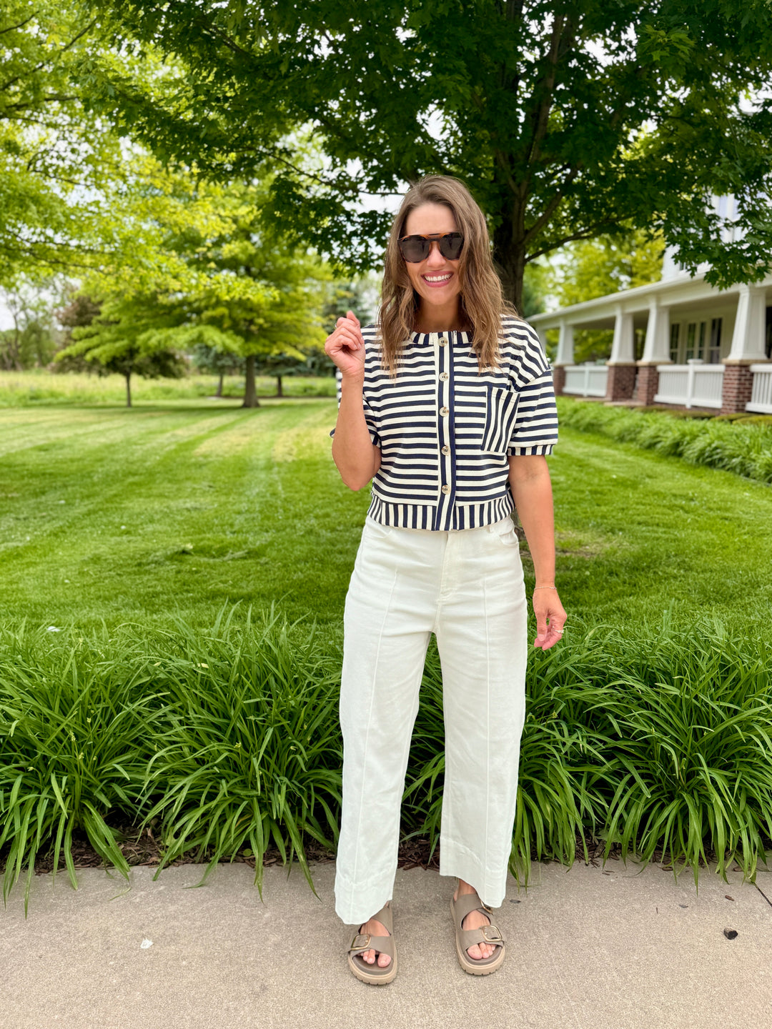 The Nora Striped Button-Down Knit Top - Blue