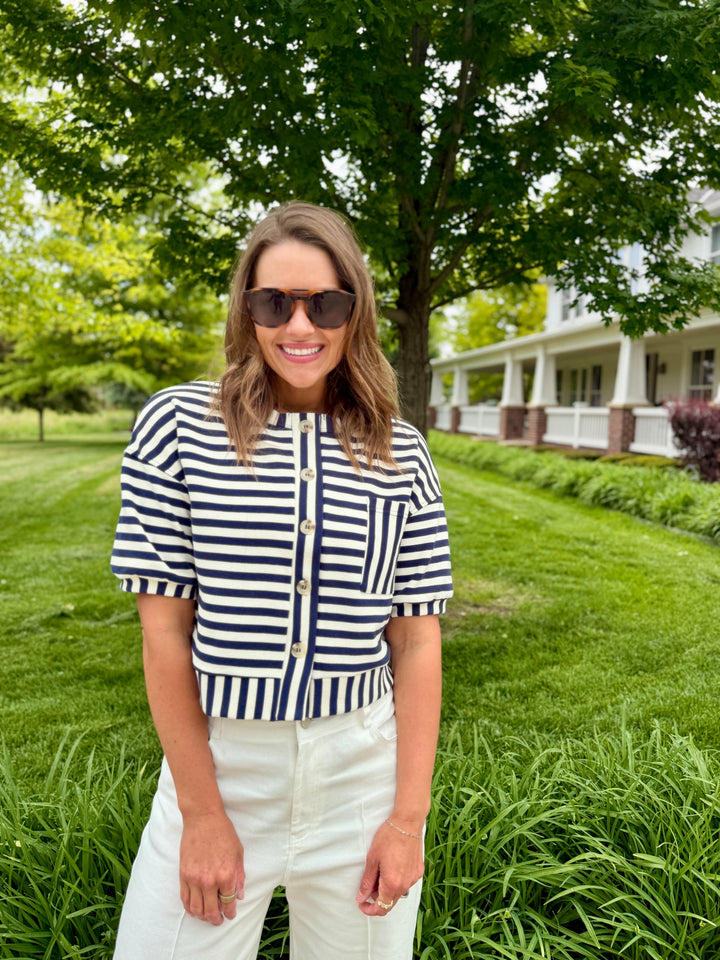The Nora Striped Button-Down Knit Top - Blue