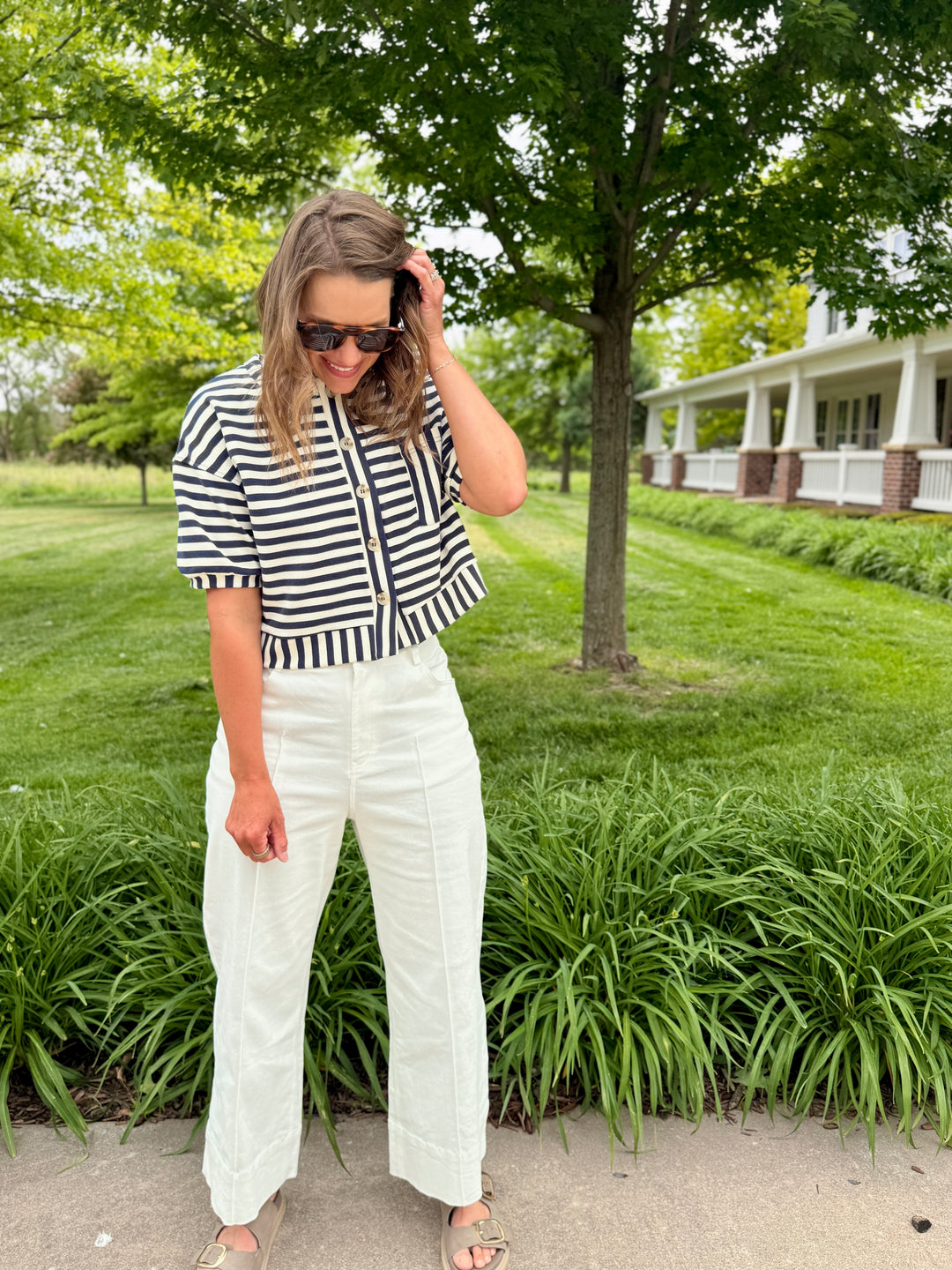 The Nora Striped Button-Down Knit Top - Blue