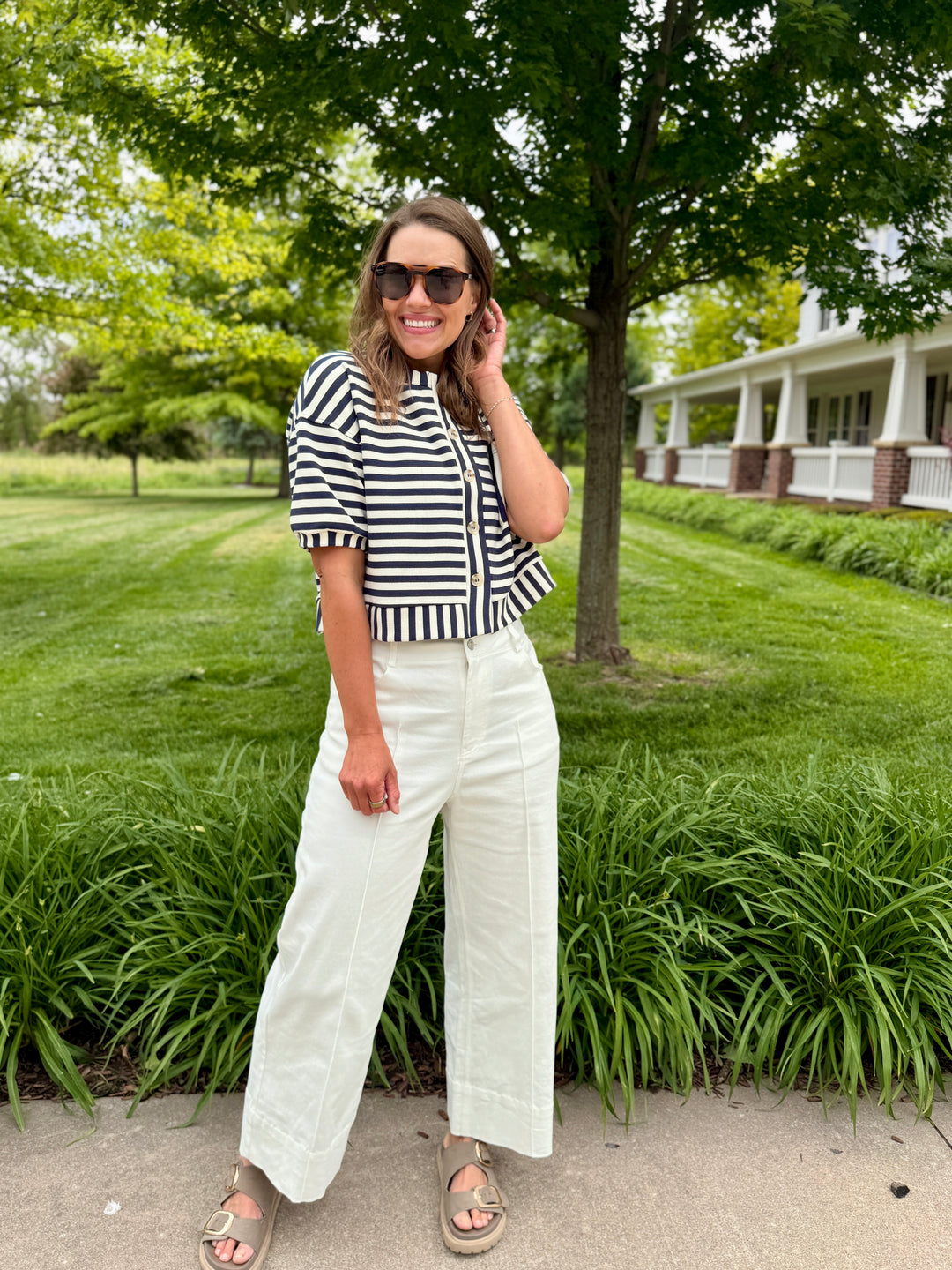 The Nora Striped Button-Down Knit Top - Blue