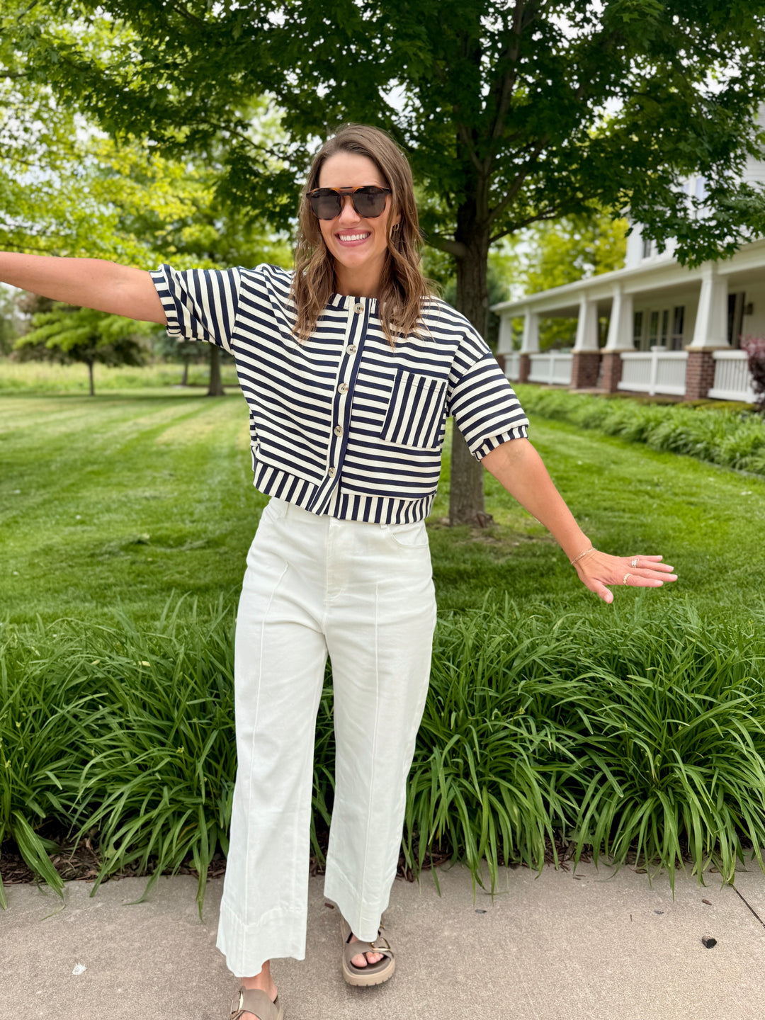 The Nora Striped Button-Down Knit Top - Blue