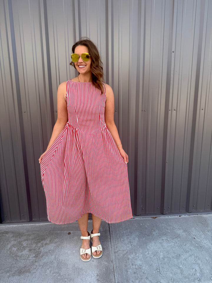 Coastal Classic Stripe Maxi Dress - Red