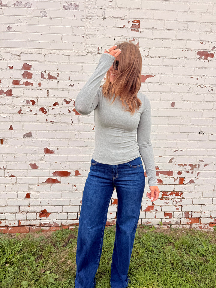 Soft Core Boat Neck Long Sleeve Top - Grey