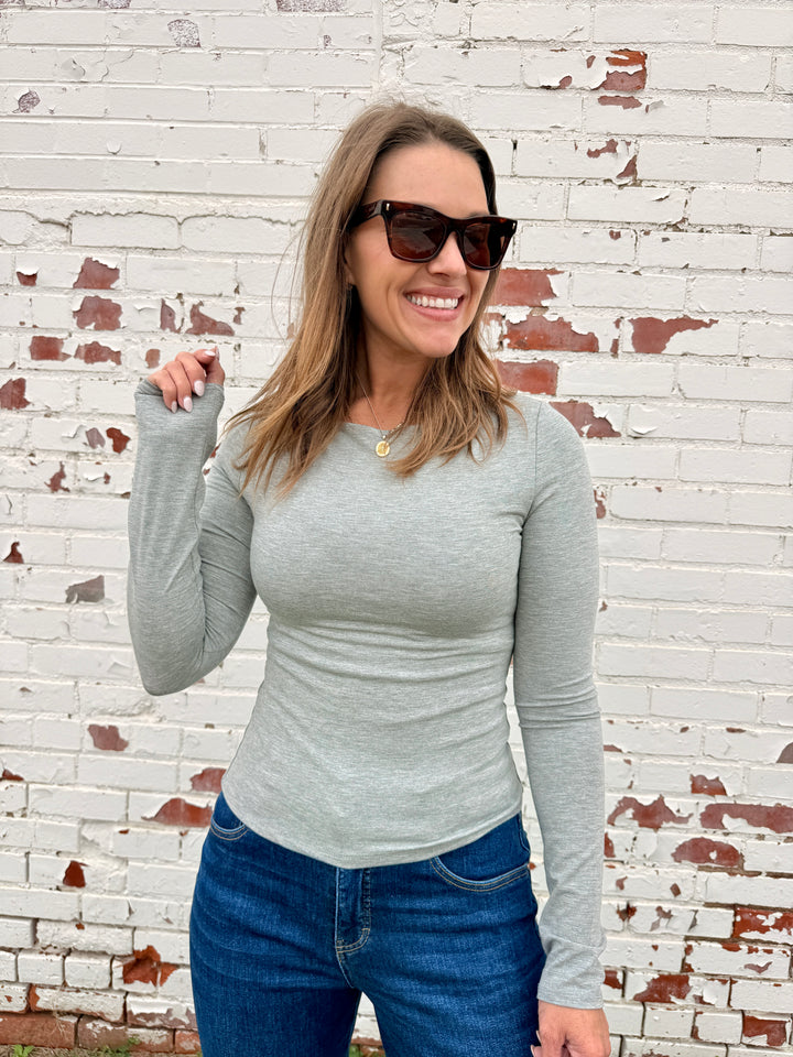 Soft Core Boat Neck Long Sleeve Top - Grey