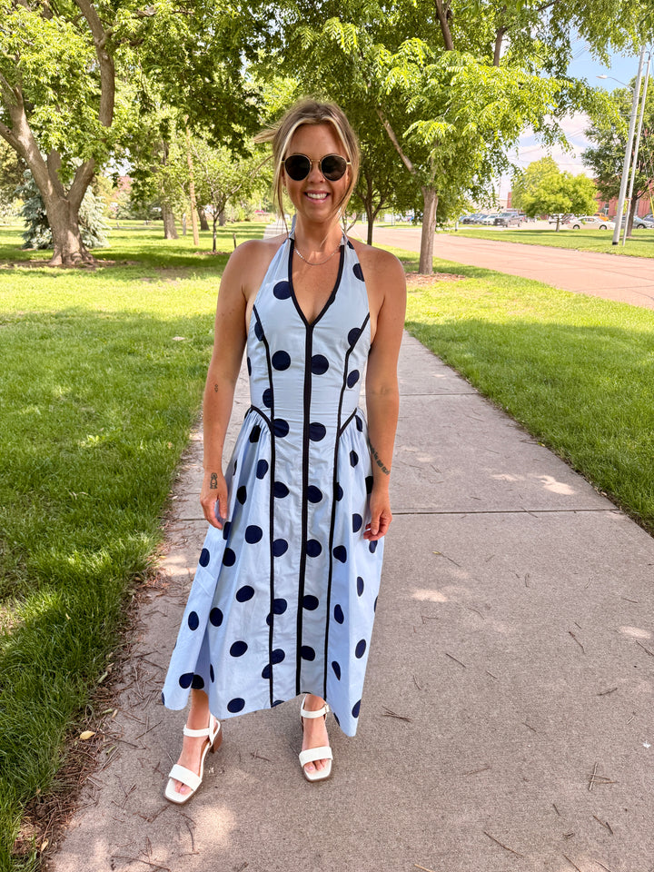The Lila Polka Dot Halter Midi Dress