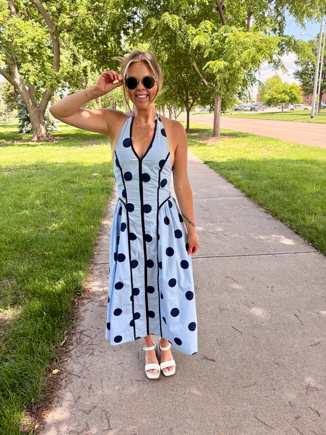 The Lila Polka Dot Halter Midi Dress