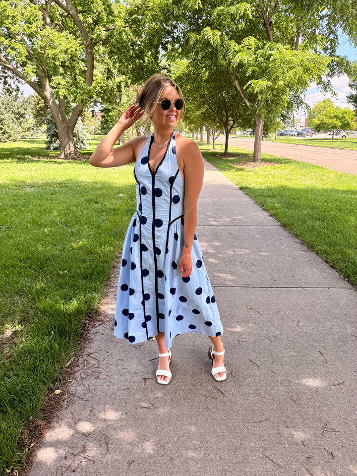 The Lila Polka Dot Halter Midi Dress