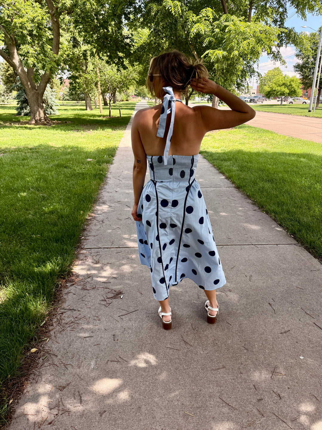 The Lila Polka Dot Halter Midi Dress