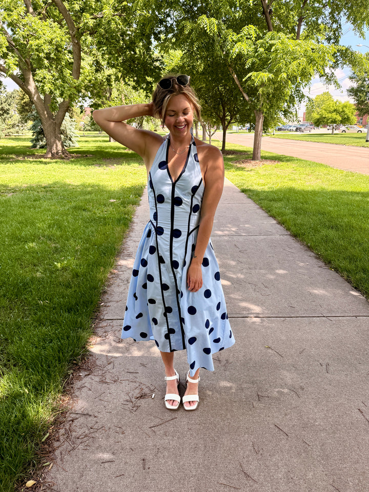 The Lila Polka Dot Halter Midi Dress