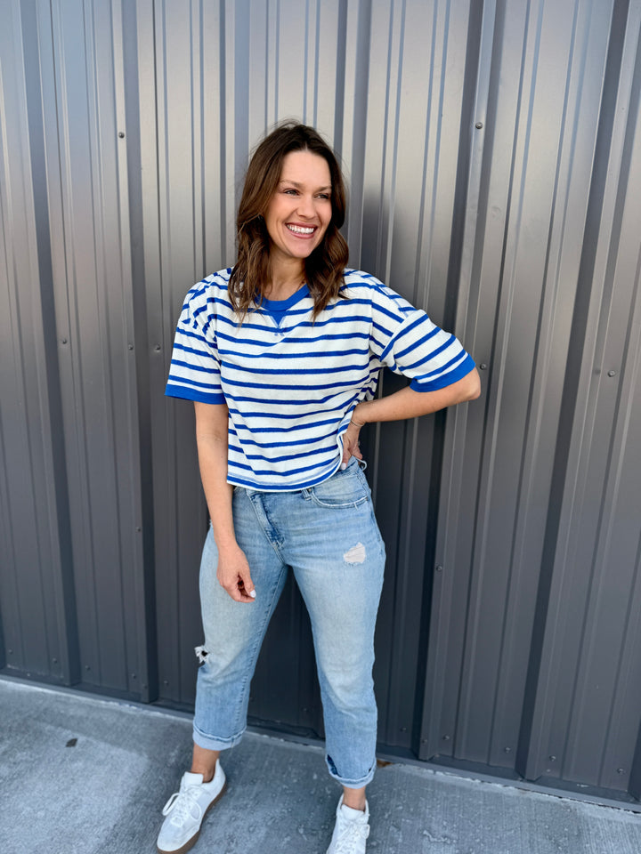 Love Stripes Knit Tee -Blue/White