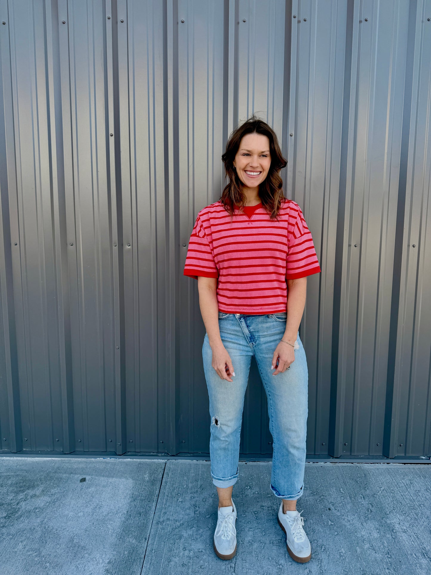 Love Stripes Knit Tee -Pink/Red