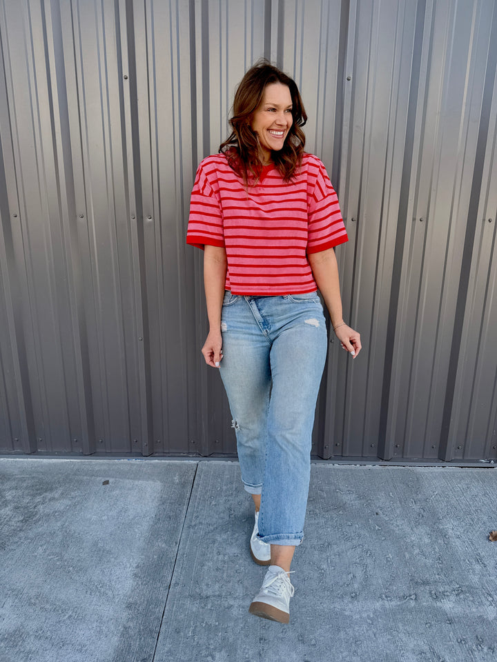Love Stripes Knit Tee -Pink/Red