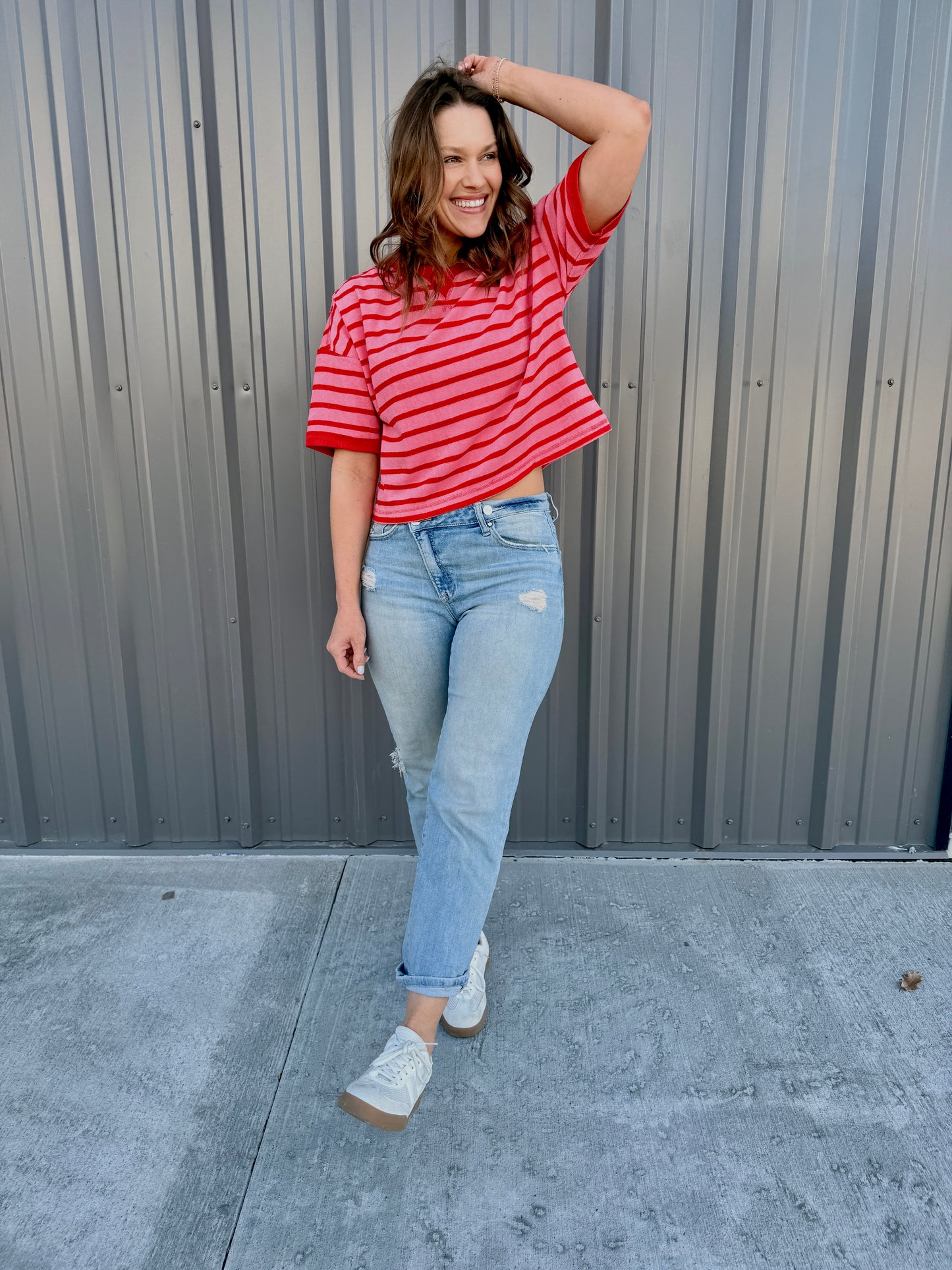 Love Stripes Knit Tee -Pink/Red