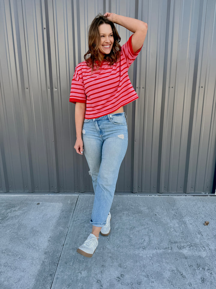 Love Stripes Knit Tee -Pink/Red