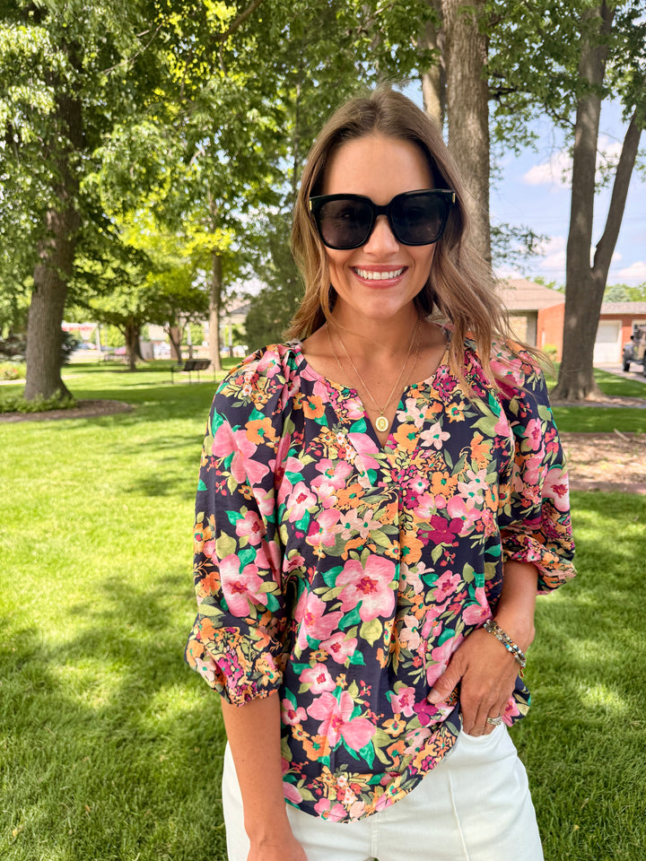 Midnight Garden V-Neck Lantern Sleeve Blouse