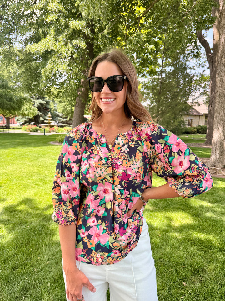 Midnight Garden V-Neck Lantern Sleeve Blouse