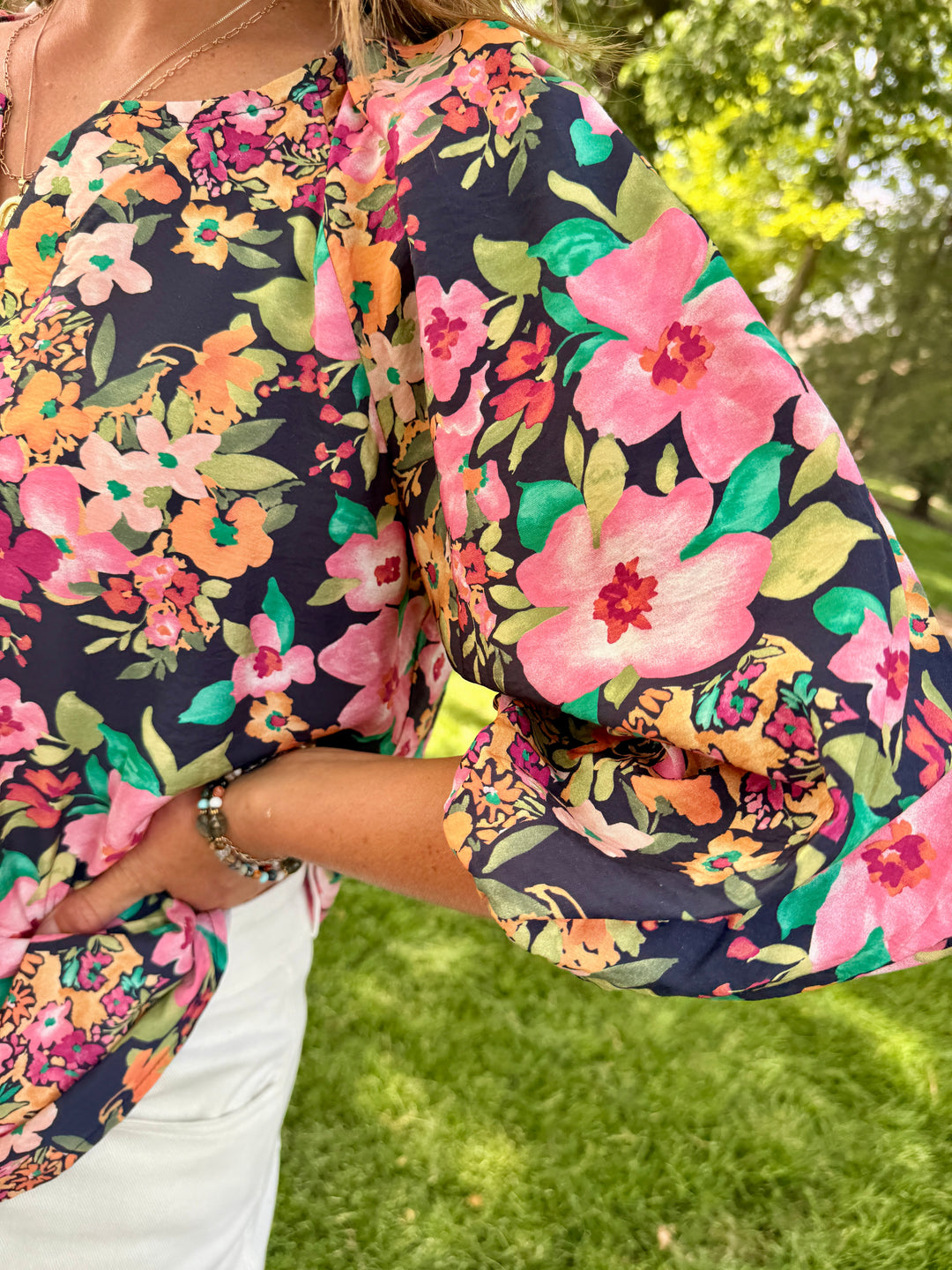 Midnight Garden V-Neck Lantern Sleeve Blouse