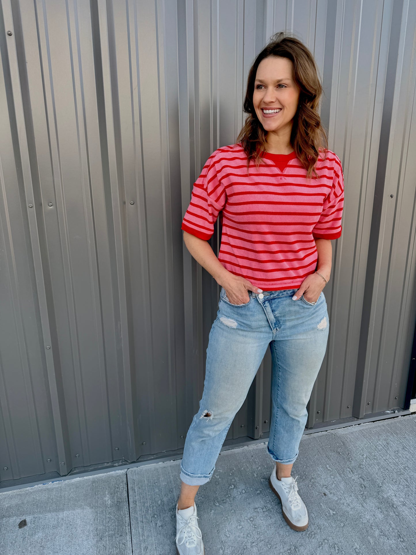 Love Stripes Knit Tee -Pink/Red