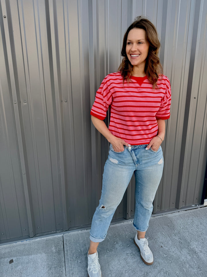 Love Stripes Knit Tee -Pink/Red