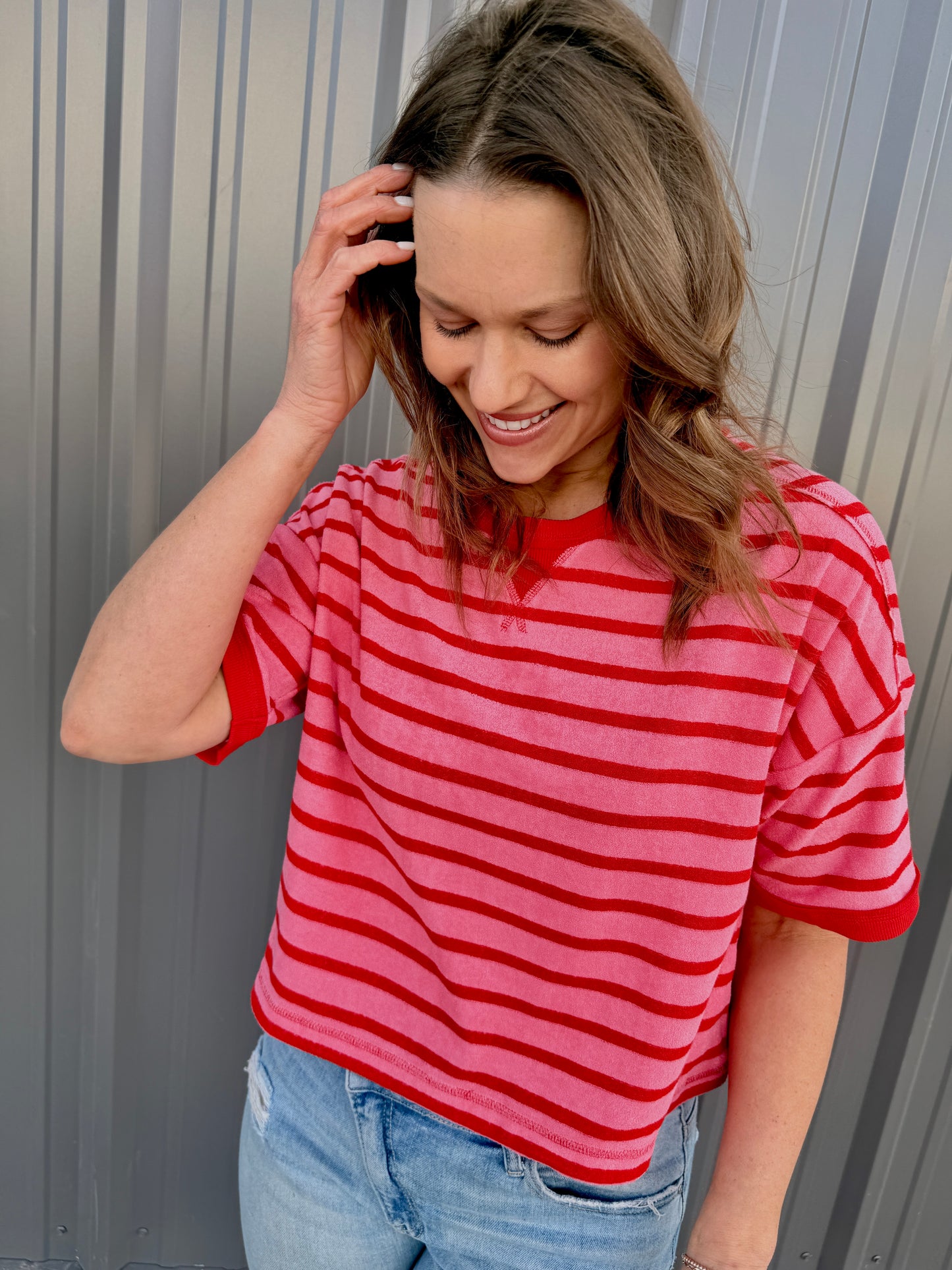 Love Stripes Knit Tee -Pink/Red