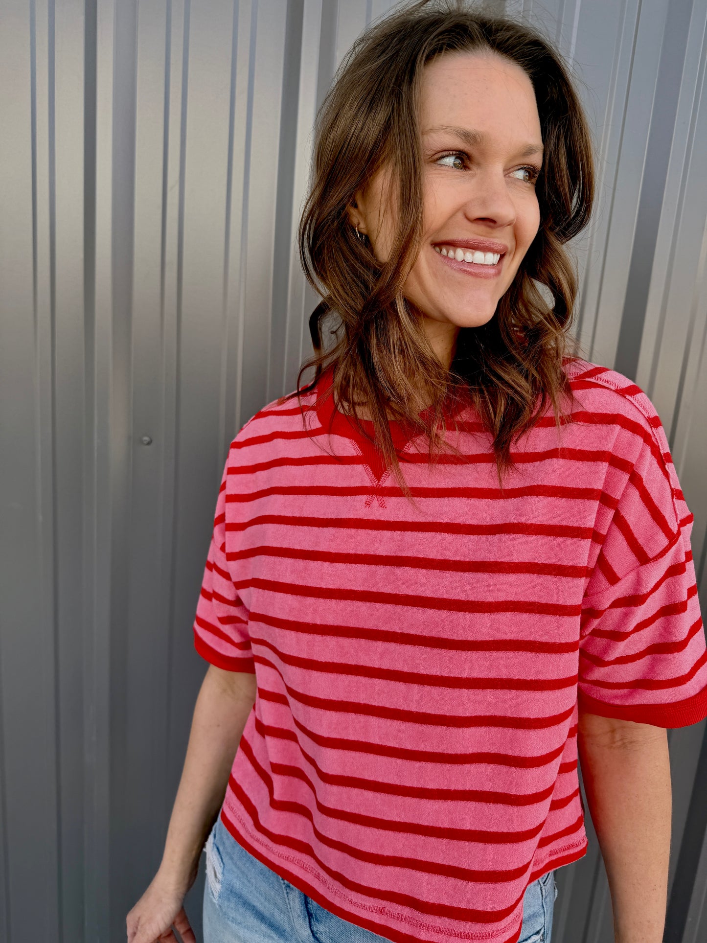 Love Stripes Knit Tee -Pink/Red