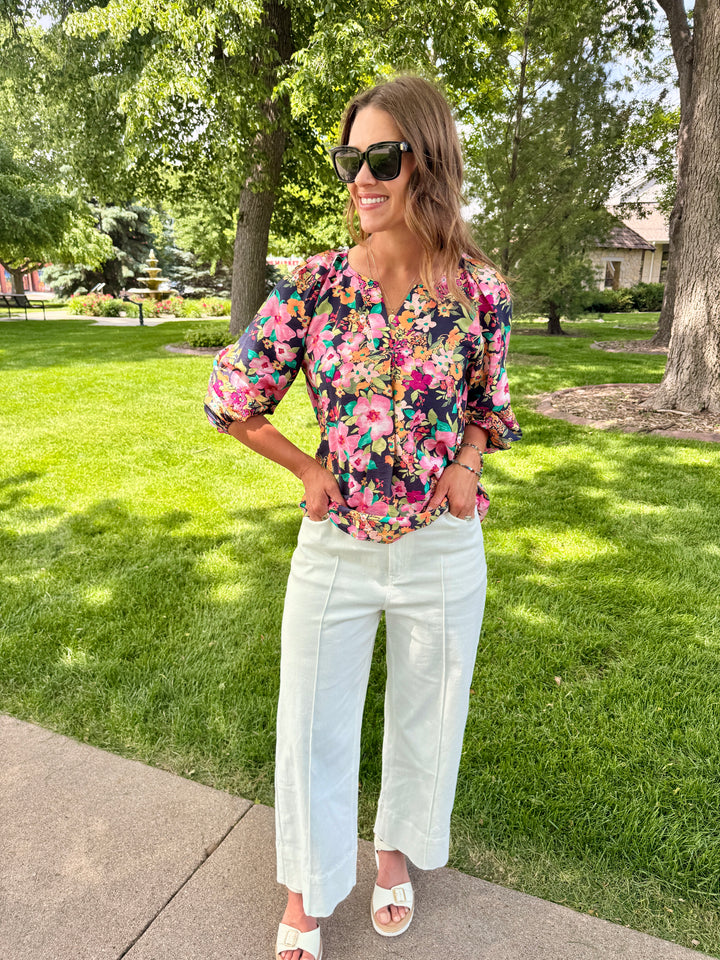 Midnight Garden V-Neck Lantern Sleeve Blouse