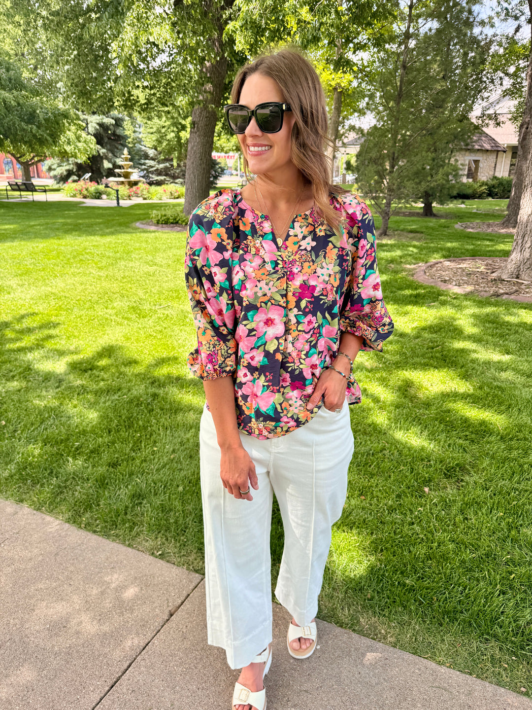 Midnight Garden V-Neck Lantern Sleeve Blouse