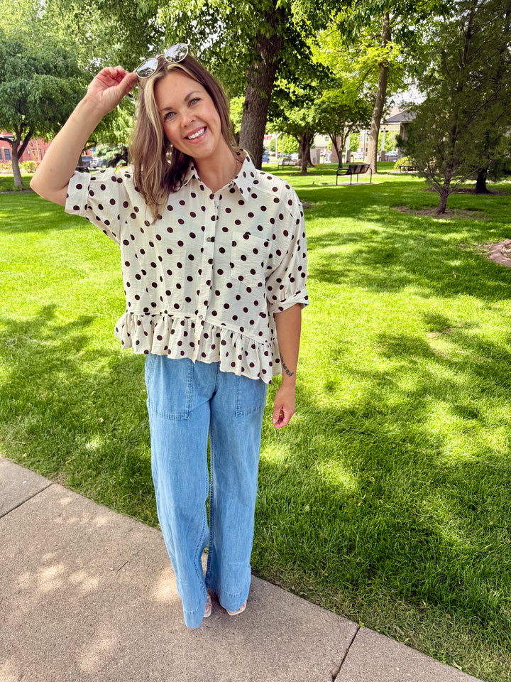 The Lila Polka Dot Ruffle Top — Cream