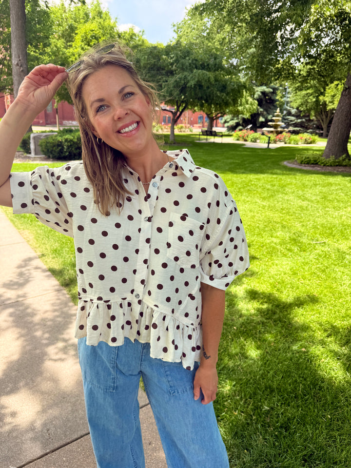 The Lila Polka Dot Ruffle Top — Cream