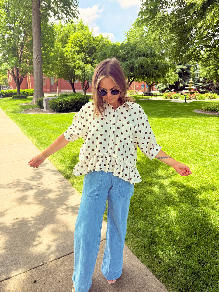 The Lila Polka Dot Ruffle Top — Cream