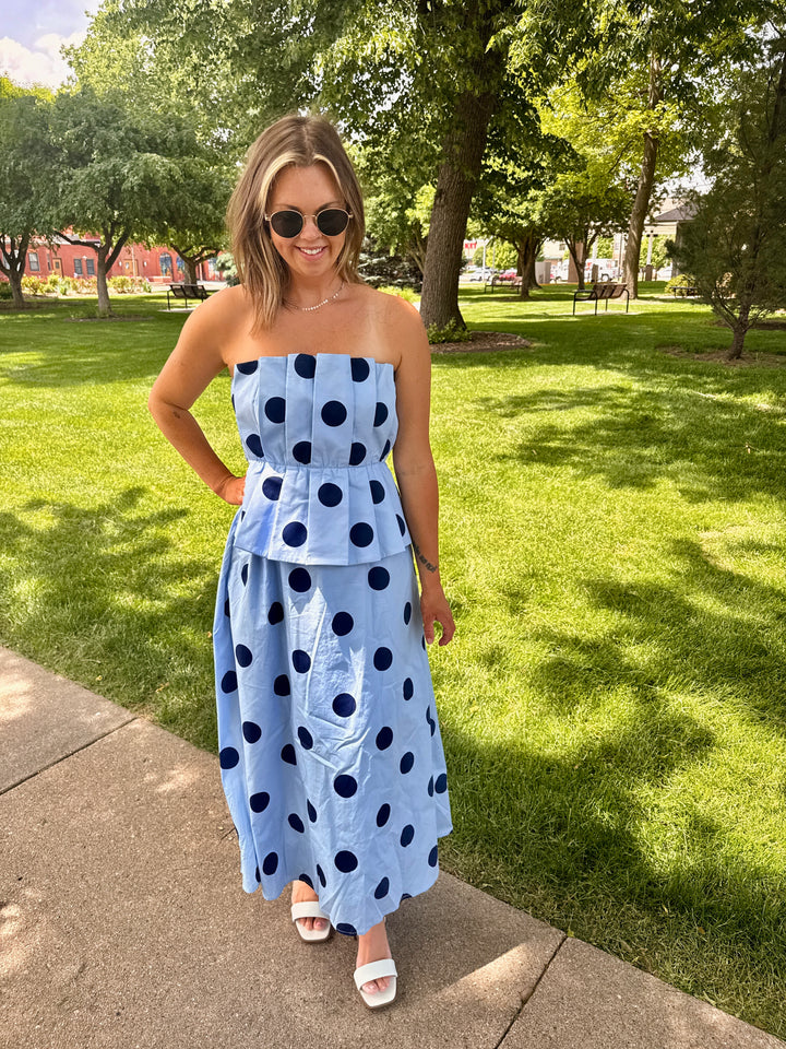 The Piper Polka Dot Strapless Midi Dress