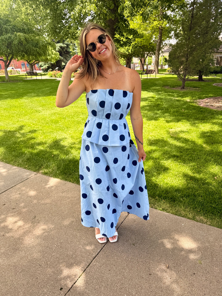 The Piper Polka Dot Strapless Midi Dress